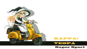 1girl apron back_bow black_dress black_hat blonde_hair boots bow braid brown_boots commentary_request dress english_text floating_hair frilled_apron frilled_dress frilled_hat frills goggles grin haru_akira hat hat_bow kirisame_marisa long_hair long_sleeves motor_vehicle motorcycle scooter shadow side_braid single_braid smile solo touhou vespa white_apron white_background white_bow white_sleeves witch_hat