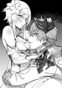 1boy 1girl absurdres blush breasts cleavage commentary deras english_commentary flower from_side genshin_impact greyscale hair_flower hair_ornament hand_on_another&#039;s_shoulder hetero highres hug lumine_(genshin_impact) mask mask_on_head monochrome parted_lips profile sidelocks small_breasts tartaglia_(genshin_impact)