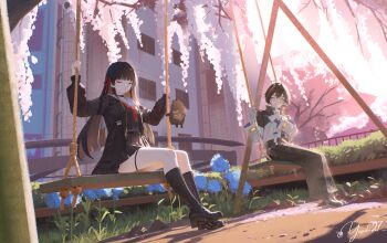 2girls absurdres black_choker black_dress black_hair black_jacket black_shirt black_shoes black_skirt black_socks chisa_(wuthering_waves) choker closed_eyes closed_mouth commentary dress dutch_angle english_commentary fading finger_to_mouth flower gloves hair_ribbon highres jacket long_hair long_sleeves looking_at_another multiple_girls namipon_(wuthering_waves) neckerchief on_swing one_eye_closed outdoors red_neckerchief red_ribbon ribbon sailor_collar shirt shoes shushing signature sitting skirt socks sumika_(wuthering_waves) swing swing_set thigh_strap thighs twitter_username white_gloves white_jacket white_sailor_collar wisteria wuthering_waves yasuki27