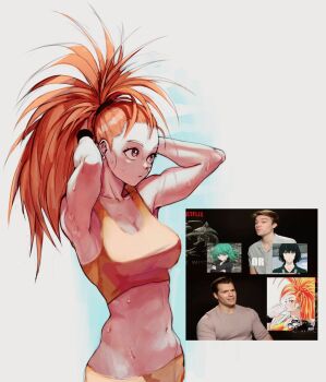 1girl breasts captain_mizuki cleavage commentary earrings fubuki_(one-punch_man) hashtag-only_commentary henry_cavill highres jewelry large_breasts midriff navel nnsee_d one-punch_man orange_eyes orange_hair orange_sports_bra ponytail solo sports_bra sweat tatsumaki tying_hair upper_body wristband