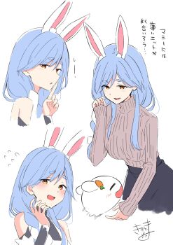 1girl :d =_= absurdres animal_ear_fluff animal_ears bare_shoulders black_skirt blue_hair blush braid brown_sweater closed_eyes commentary_request finger_to_mouth flying_sweatdrops hair_between_eyes hand_up highres hololive kiritoma long_hair multicolored_hair multiple_views open_mouth parted_lips pekomama pekomon_(usada_pekora) profile rabbit-shaped_pupils rabbit_ears red_eyes ribbed_sweater shushing signature simple_background single_braid skirt smile sweater symbol-shaped_pupils translation_request turtleneck turtleneck_sweater two-tone_hair virtual_youtuber white_background white_hair