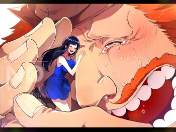 1boy 1girl beard black_hair blue_dress blunt_bangs blush carrying carrying_person commentary dress facial_hair giant happy_tears hat hug ink_(winkyinkywinky) jaguar_d._saul long_hair nico_robin one_piece open_mouth orange_hair round_teeth size_difference smile tears teeth twitter_username