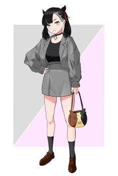 0orhx 1girl absurdres alternate_costume asymmetrical_bangs bag black_choker black_hair black_shirt black_socks brown_shoes casual choker closed_mouth full_body gen_8_pokemon green_eyes grey_jacket grey_skirt hair_ribbon hand_on_own_hip handbag highres holding holding_bag jacket marnie_(pokemon) morpeko morpeko_(full) nintendo open_clothes open_jacket pokemon pokemon_swsh red_ribbon ribbon shirt shirt_tucked_in shoes skirt socks solo standing twintails undercut white_background