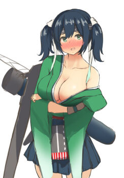 1girl blue_eyes blue_hair blush breasts embarrassed flight_deck gloves green_hakama green_kimono hair_ribbon hakama hakama_short_skirt hakama_skirt highres japanese_clothes kantai_collection kimono large_breasts long_hair looking_at_viewer muneate open_mouth partially_fingerless_gloves partly_fingerless_gloves ribbon short_hair skirt solo souryuu_(kancolle) titan_mk.ii twintails yugake