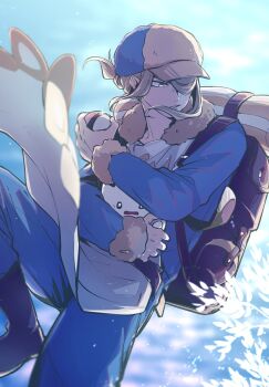 Rule 34 | 1boy, backpack, bag, baseball cap, black footwear, blonde hair, blue pants, blue sky, blurry, blurry background, boots, cloud, commentary request, gura (rick grick), hat, highres, holding, holding poke ball, holding pokemon, nintendo, pants, poke ball, poke ball (basic), pokemon, pokemon (creature), pokemon legends: arceus, short hair, sky, smoliv, volo (pokemon)