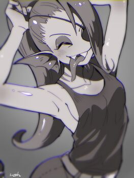 1girl absurdres armpits artist_name bilingual_commentary blush breasts closed_eyes collarbone commentary english_commentary eyepatch fins gills greyscale head_fins highres long_hair mixed-language_commentary monochrome noah_(tettsui-sole) ponytail sharp_teeth solo tank_top teeth tongue tongue_out undertale undyne utdr_(toby_fox)