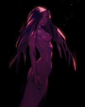 1girl absurdres black_background colored_skin from_side highres long_hair looking_at_viewer mermaid monster_girl nude original painterly pink_skin purple_eyes simple_background smile solo toned toned_female twulfs very_long_hair