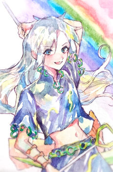 1girl absurdres arm_bow arm_up blue_hair bow collared_shirt commentary_request cowboy_shot crop_top flat_chest floating_hair grey_hair highres himemushi_momoyo holding holding_pickaxe holding_shovel jewelry long_hair looking_at_viewer midriff navel navybluesparrow open_mouth orange_bow painting_(medium) partial_commentary pickaxe rainbow ring shirt short_sleeves shovel smile solo touhou traditional_media very_long_hair watercolor_(medium)