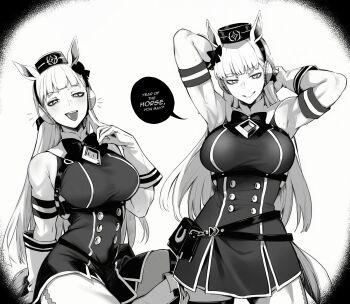 1girl :p absurdres animal_ears armpits breasts commentary english_text gloves gold_ship_(red_strife)_(umamusume) gold_ship_(umamusume) greyscale hat highres horse_ears horse_girl horse_tail large_breasts long_hair looking_at_viewer masoq monochrome multiple_views muscular muscular_female speech_bubble tail tongue tongue_out umamusume