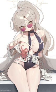 Rule 34 | 1girl, angel wings, artist name, aviator sunglasses, black one-piece swimsuit, blue archive, brown-tinted eyewear, convenient censoring, feathered wings, halo, hand on own chest, highres, keureu (tiqkdtiqkd10), long hair, looking at viewer, low wings, nagisa (blue archive), nagisa (swimsuit) (blue archive), octopus, official alternate costume, official alternate hairstyle, one-piece swimsuit, one breast out, ponytail, sitting, sunglasses, swimsuit, tinted eyewear, white wings, wings