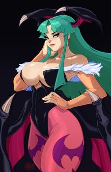 1girl abs animal_print bare_shoulders bat_print bat_wings black_leotard body_freckles breasts bridal_gauntlets capcom chest_freckles cleavage darkstalkers demon_girl freckles green_eyes green_hair head_wings highleg highleg_leotard highres large_breasts leotard long_hair morrigan_aensland pantyhose print_pantyhose shoulder_freckles smile solo tovio_rogers wings