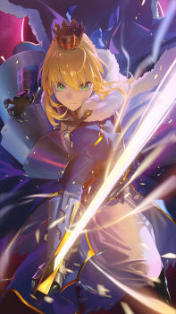 1girl absurdres armor armored_dress artoria_pendragon_(fate) blonde_hair blue_dress braid braided_bun commentary crown dress excalibur_(fate/stay_night) fate/grand_order fate_(series) faulds gauntlets green_eyes hair_bun highres holding holding_sword holding_weapon light_particles looking_at_viewer saber_(fate) sidelocks solo sword ttk_(kirinottk) weapon