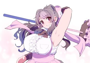 1girl absurdres animal_ears armpits bare_shoulders bear_ears bear_girl bear_tail bergman&#039;s_bear_(kemono_friends) black_hair blush bow bowtie bracelet breasts brown_eyes empty_eyes extra_ears fur_bracelet grey_hair hair_bow highres huge_bow huge_breasts jewelry kemono_friends long_hair looking_at_viewer mamiyama multicolored_hair paw_stick shirt skirt sleeveless tail