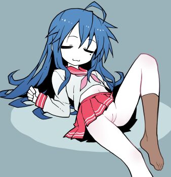 1girl akableak blue_hair closed_eyes highres izumi_konata loli lucky_star midriff mole navel no_panties pussy school_uniform skirt stocking