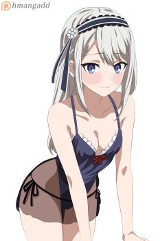 1girl absurdres black_hairband blue_eyes blue_leotard blush collarbone hairband highres hmangadd kaguya-sama_wa_kokurasetai_~tensai-tachi_no_renai_zunousen~ leaning_forward leotard long_hair looking_at_viewer patreon_logo patreon_username shirogane_kei simple_background solo white_background white_hair