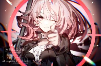 1girl arknights black_jacket commentary_request detached_wings energy_wings gomago_magoma highres jacket lemuen_(arknights) long_hair long_sleeves one_eye_closed pink_eyes pink_hair pointing pointing_at_viewer smile solo twitter_username upper_body watermark wings yellow_wings