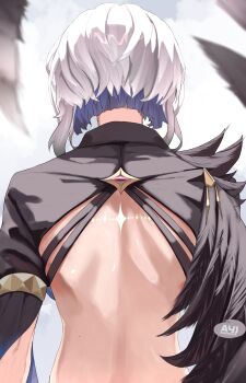 1girl absurdres artist_name ayoungart back black_shrug black_wings blue_hair breasts colored_inner_hair commentary feathered_wings from_behind galbrena_(wuthering_waves) grey_hair highres looking_at_viewer median_furrow medium_breasts medium_hair multicolored_hair shoulder_blades shrug_(clothing) single_wing solo tacet_mark_(wuthering_waves) upper_body wings wuthering_waves