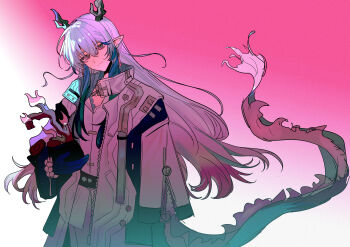 Rule 34 | 1boy, absurdres, arknights, bead bracelet, beads, blue hands, bracelet, chinese commentary, closed mouth, coat, colored extremities, commentary request, cowboy shot, dragon boy, dragon horns, dragon tail, earrings, eastern dragon horns, eastern dragon tail, flower pot, gradient background, grey hair, hair between eyes, highres, holding, holding flower pot, horns, hui la baji, jewelry, long hair, long sleeves, looking at viewer, male focus, multicolored hair, ofuda earrings, pink background, pink eyes, pointy ears, shirt, smile, solo, standing, streaked hair, tail, white coat, white shirt, yi (arknights)