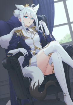 1girl absurdres ahoge animal_ear_fluff animal_ears aqua_eyes blush boots braid breasts cape commentary_request crossed_legs crown double_bun epaulettes extra_ears fox_ears fox_girl fox_tail fur-trimmed_cape fur_trim garter_belt gloves hair_between_eyes hair_bun highres hololive indoors jacket jewelry looking_at_viewer medium_breasts mini_crown miyo12 official_alternate_costume official_alternate_hairstyle pentagram red_cape shirakami_fubuki shirakami_fubuki_(fbkingdom) sidelocks single_braid sitting skirt smile solo sword tail thigh_boots thighhighs virtual_youtuber weapon white_gloves white_hair white_jacket white_skirt white_thighhighs