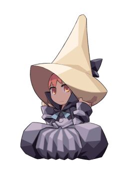 1girl anime_coloring archived_source black_bow black_coat black_mage_(final_fantasy) black_sleeves blue_ribbon bow buttons closed_mouth coat coat_ribbon collared_coat deformed expressionless final_fantasy final_fantasy_iii full_body grey_skirt hat hat_bow hat_grab high_collar itsumo_nokoru looking_at_viewer no_nose orange_eyes orange_hair popped_collar refia ribbon simple_background sitting skirt sleeves_past_wrists solo square_enix tall_hat white_background yellow_eyes