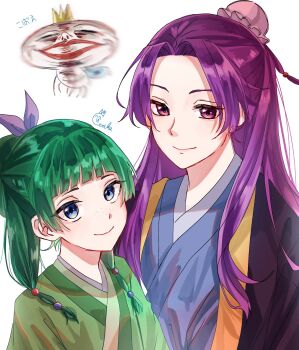 1boy 1girl beads blue_eyes blunt_bangs bun_cover chinese_clothes closed_mouth eerika1114 freckles green_hair hair_beads hair_bun hair_ornament hair_ribbon half_updo hanfu highres jacket jinshi_(kusuriya_no_hitorigoto) kusuriya_no_hitorigoto long_hair long_sleeves looking_at_viewer maomao_(kusuriya_no_hitorigoto) motion_blur multi-tied_hair parted_bangs purple_eyes purple_hair purple_ribbon ribbon robe single_hair_bun smile twintails upper_body white_background