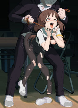 1boy 1girl absurdres arm_ribbon asphyxiation bent_over black_pantyhose blush breasts breasts_out brown_eyes brown_hair chair classroom eudetenis full_body half-closed_eye hanging_legs hetero highres iino_miko indoors kaguya-sama_wa_kokurasetai_~tensai-tachi_no_renai_zunousen~ knees_together_feet_apart low_twintails nipples open_mouth pantyhose rape ribbon rope_around_neck scared school_uniform sex sex_from_behind shoes short_sleeves small_breasts strangling table tears teeth tongue tongue_out torn_clothes torn_legwear trembling twintails uneven_eyes unworn_shoe unworn_shoes upper_teeth_only white_footwear wide-eyed wide_hips