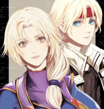 Rule 34 | 1boy, 1girl, blonde hair, blue eyes, claude c. kenny, commentary request, garuru (game jugame), headband, ilia silvestri, jacket, lips, long hair, looking at viewer, low-tied long hair, low ponytail, mother and son, ponytail, short ponytail, smile, star ocean, star ocean: first departure, star ocean: the second story, tagme, yellow eyes