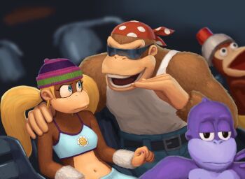 1girl 2boys bandana belt black_eyes blonde_hair blurry blurry_background bonzibuddy bro_explaining_(meme) chair commentary denim donkey_kong_(series) earrings english_commentary eye_contact funky_kong furry furry_female hat highres jeans jewelry long_hair looking_at_another meme monkey multiple_boys navel nintendo pants procreate_(medium) red_bandana redustheriotact saru_getchu shirt sitting sleeveless sleeveless_shirt sunglasses tiny_kong