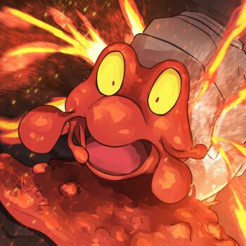 absurdres commentary_request embers fire gen_2_pokemon highres magcargo nintendo no_humans open_mouth pokemon pokemon_(creature) pokemon_focus solo spicyichizo