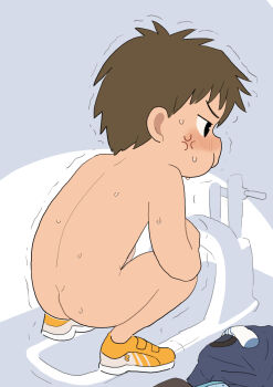 1boy aba_oji anger_vein back bathroom male_focus nude original shoes squat_toilet squatting sweat unworn_clothes yellow_shoes