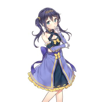 1girl aqua_eyes bare_shoulders blue_choker blue_dress blue_hair breasts choker cleavage criss-cross_halter detached_sleeves dress finger_to_mouth gloves gold_tiara halterneck long_hair rena_(uchihime) small_breasts star_(symbol) star_choker twintails uchi_no_hime-sama_ga_ichiban_kawaii white_gloves