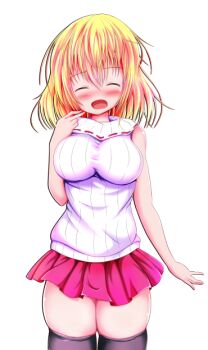 1girl ^_^ amyi black_thighhighs blonde_hair blush bob_cut breasts closed_eyes cowboy_shot embarrassed game_cg hair_between_eyes hand_up koucha_rakkyo large_breasts large_variant_set medium_hair miniskirt non-web_source open_mouth pleated_skirt red_skirt sabrina_to_muryoku_na_tamashii sidelocks simple_background skirt sleeveless sleeveless_sweater solo standing sweater tachi-e thighhighs thighs transparent_background turtleneck turtleneck_sweater variant_set white_sweater