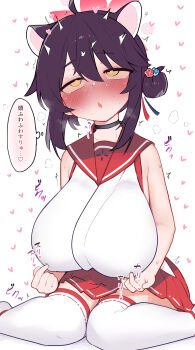 1girl absurdres ahoge animal_ears bare_shoulders black_choker black_hair blue_archive blush breasts choker commentary_request covered_erect_nipples facing_viewer female_masturbation hair_between_eyes hair_bun halo heart heart-shaped_pupils highres huge_breasts kaede_(blue_archive) masturbation motsuniku1 nipple_stimulation nipple_tweak nipple_tweak_through_clothes open_mouth oppai_loli red_halo red_sailor_collar rolling_eyes sailor_collar simple_background sitting solo symbol-shaped_pupils thighhighs translation_request tweaking_own_nipple wariza white_background white_thighhighs yellow_eyes