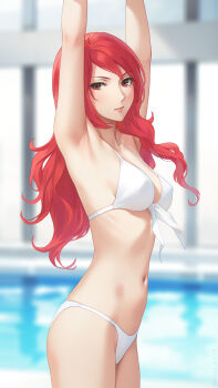 1girl armpits arms_up bikini blurry blurry_background breasts covered_erect_nipples cowboy_shot highres kirijou_mitsuru large_breasts long_hair looking_at_viewer miura-n315 navel parted_lips persona persona_3 pool red_eyes red_hair solo swimsuit white_bikini
