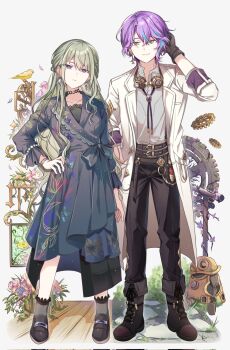 1boy 1girl arm_at_side belt belt_buckle bird black_belt black_gloves black_pants bloom_festival_(project_sekai) blue_hair boots buckle ceiling39 choker closed_mouth coat commentary_request earrings floral_print flower full_body gears gloves goggles goggles_around_neck green_hair grey_background hair_between_eyes hand_on_own_hip hand_up highres jewelry kamishiro_rui korean_commentary kusanagi_nene lapels long_hair long_sleeves looking_at_viewer multicolored_hair notched_lapels official_alternate_costume official_alternate_hairstyle omoi_wo_nosete!_dream_stage_(project_sekai) open_clothes open_coat pants pink_flower pocket project_sekai purple_eyes purple_hair shoelaces short_hair smile split_mouth standing streaked_hair three-quarter_sleeves two-tone_hair white_coat