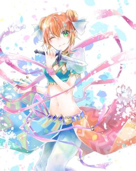 1girl breasts dancer double_bun fire_emblem fire_emblem:_the_binding_blade green_eyes hair_bun holding holding_knife knife larum_(fire_emblem) midriff nintendo one_eye_closed orange_hair small_breasts solo yuyu_(spika)