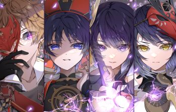 2boys 2girls absurdres artist_request bad_id bad_pixiv_id black_gloves black_hair blue_eyes blue_hair blue_pupils blunt_bangs breasts bridal_gauntlets cleavage closed_mouth clothing_cutout collared_shirt drawing_sword electricity genshin_impact glint gloves glowing glowing_eyes glowing_sword glowing_weapon hair_ornament hat highres holding holding_sword holding_weapon human_scabbard japanese_clothes jewelry kimono kujou_sara large_breasts long_hair looking_at_viewer mask mask_on_head mitsudomoe_(shape) mole mole_under_eye mother_and_son multicolored_eyes multiple_boys multiple_girls musou_isshin_(genshin_impact) orange_eyes parted_lips pendant powering_up purple_eyes purple_hair purple_kimono raiden_shogun red_mask red_sash sash scaramouche_(genshin_impact) shade shaded_face shirt short_hair shoulder_cutout swept_bangs sword sword_between_breasts tartaglia_(genshin_impact) tomoe_(symbol) unworn_mask upper_body weapon