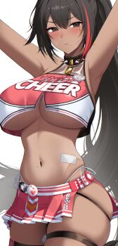 1girl absurdres armpits arms_up bandaid bandaid_on_arm bandaid_on_stomach bandaid_on_thigh bare_shoulders bay_(nikke) black_hair blush breasts brown_eyes cheerleader closed_mouth clothes_writing clothing_cutout collar commentary cowboy_shot crop_top cropped_shirt dark-skinned_female dark_skin goddess_of_victory:_nikke hair_between_eyes highres large_breasts lock long_hair looking_at_viewer mole mole_on_breast mole_on_stomach mole_on_thigh mole_under_mouth multicolored_hair navel padlock padlocked_collar panties pleated_skirt ponytail red_shirt red_skirt revision shirt side-tie_panties side_cutout sidelocks simple_background skindentation skirt sleeveless sleeveless_shirt solo spiked_collar spikes standing star_(symbol) star_in_eye star_sticker sticker sticker_on_face stomach streaked_hair sweat symbol_in_eye thigh_strap two-tone_hair two-tone_skirt underboob underwear white_background white_panties ziroqon