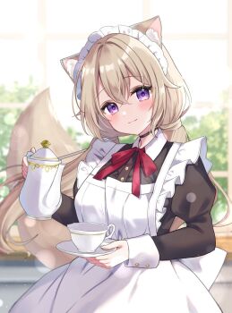 Rule 34 | 1girl, animal ear fluff, animal ears, apron, black choker, black dress, blush, bow, bowtie, breasts, brown hair, choker, closed mouth, collared dress, commentary request, cup, dress, fio (hamico), hair between eyes, hamico, highres, holding, holding saucer, holding teapot, juliet sleeves, long hair, long sleeves, looking at viewer, maid, maid apron, maid headdress, original, puffy sleeves, purple eyes, red bow, red bowtie, saucer, sleeve cuffs, smile, solo, tail, teacup, teapot, white apron, white headdress, wolf ears, wolf girl, wolf tail