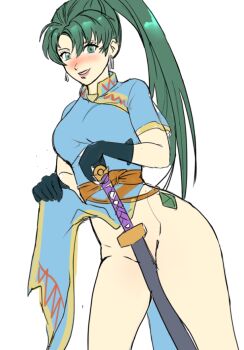 1girl blush bottomless cleft_of_venus clothes_lift earrings fire_emblem fire_emblem:_the_blazing_blade gloves green_eyes green_hair japanese_clothes jewelry katana kimono long_hair lyn_(fire_emblem) lyndis_(fire_emblem) nintendo ponytail simple_background skirt skirt_lift solo sunbeam_(artist) sword weapon