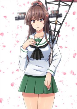 Rule 34 | 1girl, black neckerchief, brown eyes, brown hair, cherry blossoms, cosplay, flower, girls und panzer, green skirt, hair flower, hair ornament, headgear, highres, holding, holding umbrella, kantai collection, long hair, long sleeves, looking at viewer, miniskirt, neckerchief, omachi (slabco), ooarai school uniform, school uniform, serafuku, shirt, skirt, solo, umbrella, white shirt, yamato (kancolle)