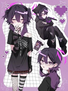 1girl :p alternate_costume alternate_hairstyle arm_warmers aru_(blue_archive) baggy_clothes black_choker black_hat black_hoodie black_nails black_pants black_shirt black_shoes blue_archive blush bow cellphone chain charm_(object) checkered_clothes checkered_skirt choker commentary_request cowboy_shot ear_piercing fishnets frilled_skirt frills full_body glasses grid_background hair_between_eyes hair_ornament hairpin half-closed_eyes halo hand_on_own_chin haruka_(blue_archive) hat heart highres holding holding_stuffed_toy hood hoodie jewelry light_smile looking_at_viewer miniskirt mullet multiple_hairpins multiple_necklaces necklace off-shoulder_shirt off_shoulder pants parted_lips phone picopico_hanma piercing pleated_skirt punk purple_eyes purple_hair purple_halo rabbit_hair_ornament ring safety_pin shirt shoes single_off_shoulder skeleton_print skinny skirt smartphone smartphone_case spiked_ear_piercing star_(symbol) sticker striped_clothes striped_thighhighs stuffed_animal stuffed_rabbit stuffed_toy sweat sweatdrop thighhighs tongue tongue_out tongue_piercing torn_clothes torn_pants two_side_up upper_body very_long_fingernails zettai_ryouiki