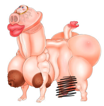 anatomical_nonsense bald big_nose blue_eyes body_horror breasts clenched_teeth colored_eyelashes convenient_censoring creature crying crying_with_eyes_open dark_areolae dorse guro highres horrified huge_penis large_areolae large_breasts large_testicles monster monster_girl monsterification penis penis_censored penis_out pig_nose pixiv queen&#039;s_stallion scared shocked_pupils stelladiaabyss tail tears teeth testicles thick_lips transformation veiny_face what white_background why wide_hips