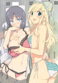 2girls arm_around_back ass asymmetrical_docking bare_shoulders blonde_hair blue_eyes blunt_bangs blush bow bow_bra bra bra_on_head bra_pull breast_press breasts butt_crack cleavage clothes_pull collarbone covering_own_mouth grabbing_another's_breast green_bra green_eyes green_panties grey_hair grey_skirt groin groping hair_bow hair_ornament hairclip highres lace lace-trimmed_bra lace-trimmed_panties lace_trim large_breasts linea_alba locker locker_room long_hair looking_at_viewer messy_hair multiple_girls navel object_on_head official_art open_clothes open_mouth open_shirt panties patch patchwork_clothes pink_bra pink_panties senran_kagura senran_kagura_shinovi_versus senran_kagura_shoujo-tachi_no_shin'ei shirt short_hair side-tie_panties skirt smile standing string_panties striped_bow striped_bra striped_clothes striped_panties teeth tongue underwear underwear_only undressing undressing_another unworn_bra upper_teeth_only vertical-striped_bra vertical-striped_clothes vertical-striped_panties wardrobe_malfunction white_bow white_shirt yaegashi_nan yomi_(senran_kagura) yumi_(senran_kagura) yuri