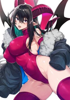1girl aqua_hair bare_shoulders black_hair black_jacket breasts colored_inner_hair commentary_request covered_erect_nipples covered_navel demon_girl demon_horns demon_wings detached_sleeves fur-trimmed_jacket fur_trim hair_between_eyes hair_over_shoulder heattech_leotard highleg highleg_leotard highres horns jacket large_breasts leotard long_hair long_horns mole mole_under_eye multicolored_hair off_shoulder open_mouth original pointy_ears red_horns red_leotard red_pupils red_sleeves red_thighhighs simple_background skindentation sleeveless sleeveless_turtleneck sleeves_past_fingers sleeves_past_wrists solo takatsuki_ichi thick_thighs thighhighs thighs tongue tongue_out turtleneck twitter_username white_background wings