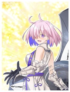 bare_shoulders blush breasts commentary_request dress fate/grand_order fate_(series) from_behind hair_over_one_eye highres hirakawa large_breasts looking_at_viewer looking_back mash_kyrielight mash_kyrielight_(paladin) open_mouth purple_eyes purple_hair short_hair smile tears upper_body white_dress yellow_background
