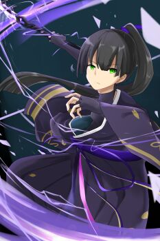 absurdres black_hair black_kimono commentary fingerless_gloves gloves green_eyes heaven_burns_red highres holding holding_weapon japanese_clothes kimono natsume_inori ponytail schweib weapon