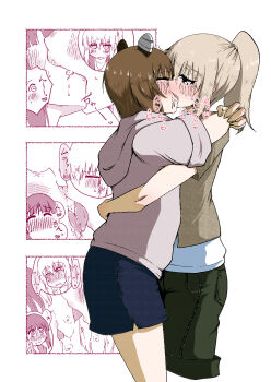 2girls 3koma after_kiss alternate_hairstyle animal_ears arms_around_neck arms_around_waist bear_ears black_shorts blue_shorts blush boko_(girls_und_panzer) brown_hair closed_eyes closed_mouth comic cropped_legs fake_animal_ears french_kiss frown girls_und_panzer grey_hair grey_hoodie hair_tie hair_up half-closed_eyes heart hood hood_down hoodie hug itsumi_erika kami_ryuoo kiss medium_hair multiple_girls nishizumi_miho outside_border partially_colored saliva saliva_trail shirt short_hair short_sleeves shorts silent_comic spoken_heart sweatdrop tongue tongue_out white_shirt yuri