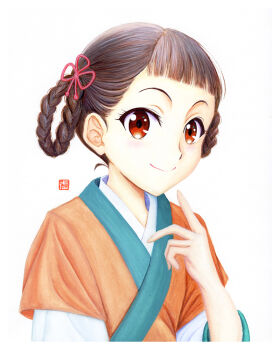 Rule 34 | 1girl, brown hair, chinese clothes, hair rings, hand up, kusuriya no hitorigoto, painting (medium), portrait, red eyes, short hair, simple background, smile, traditional media, watercolor (medium), white background, xiaolan (kusuriya no hitorigoto), y takeshinu wan