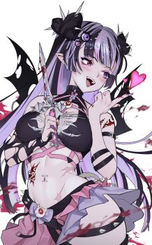 1girl bat_wings black_bra black_collar black_streaks blood bloody_knife bloody_weapon blunt_bangs blush boshke bra breasts collar commentary cowboy_shot dagger detached_sleeves double_bun ear_piercing english_commentary fingernails hair_bun hair_ornament hair_sprinkles hand_up heart heart_hair_bun heterochromia highres holding holding_dagger holding_knife holding_weapon indie_virtual_youtuber knife large_breasts long_hair looking_to_the_side microskirt multicolored_hair multicolored_nails nail_polish navel navel_piercing open_mouth piercing pink_eyes pink_skirt pointy_ears purple_eyes purple_hair second-party_source simple_background single_detached_sleeve skirt smile solo spikes sprinkle_hershy sprinkles stomach streaked_hair torn_sleeve torn_wings underwear virtual_youtuber weapon white_background wings